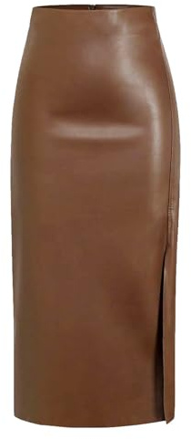 MAOAEAD Jupe longue en cuir noir avec fente haute amincissante taille haute en similicuir jupe midi sexy trapèze jupes moulantes (marron, XL)