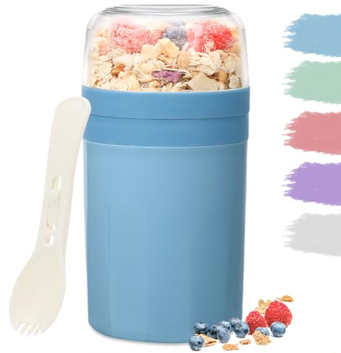 Bugucat Müslibecher to Go 520ML+250ML,Praktischer Joghurtbecher mit Löffel, Auslaufsicher Müsli Cup Becher mit Soßenbox,Müslibox Brotdose Lunchbox für Kinder & Erwachsene, Blau