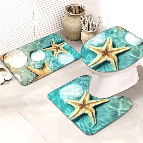Badezimmerteppich Grün Gelb Fischstern WC Vorleger mit Ausschnitt WC Deckelbezug 3 Teiliges WC Teppich rutschfeste Badgarnitur U förmiger Badematte Waschbar Bad Teppiche Set 50x80 cm