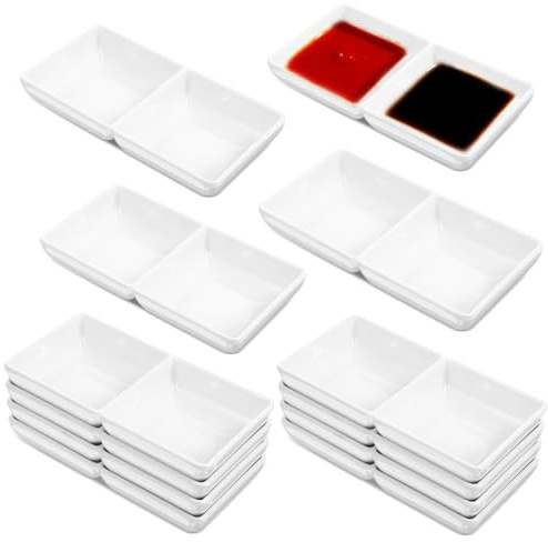 zisiueel 12 Pcs Dual Dipping Sauce Bowls Soy Sauce Dish Bowls Two Compartments Party Trays Divided Fondue Plates for Restaurant Kitchen Sushi Soy (White)