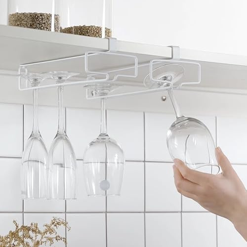 COMZPLIFE 2Pcs Wine Glass Holder Stemware Rack Hanger Under Cabinet Wine Glass Rack Kitchen Hanging Storage Rack Organizer, White