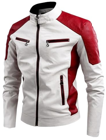 Chaqueta de piel con cremallera para hombre, con cremallera completa, abrigo de piel, cuello alto, chaqueta de cuero para motociclista, blanco, XL