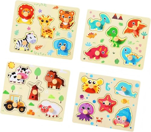 4 Stück Kleinkind Puzzle Spielzeug Set, Montessori-Spielzeug mit Tierthema Griff Holzpuzzle, Kinderspielzeug Motorikspielzeug Steckpuzzle Lernspielzeug, Feinmotorik, Geschenke