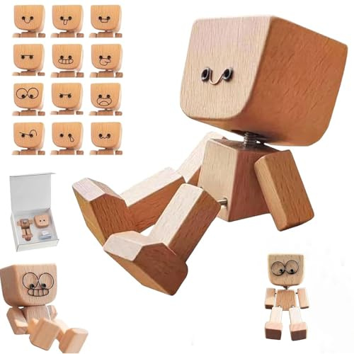 Pniotra Shaking Feet Wooden Doll, Charming Little Handmade Shaking Wooden Man Figurine with 12PCS Magnetic Expressions, Car Dashboard Accessories, Funny Wood Desktop Decor, Portable Creative Gift (D)