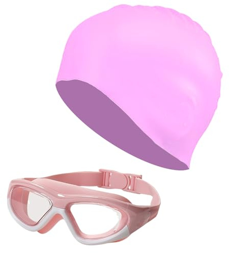 MUNSKT Swimming Goggles Équipement de Natation pour Enfants (6-16 Ans) - Lunette de Natation Antibuée UV + Bonnet de Bain, Vision Large, Anti-Fuite pour Garçons Filles (rose-blanc)
