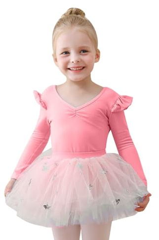 2026 Ballett-Trikot mit Langen Ärmeln für Mädchen mit abnehmbarem Tutu-Rock, Elegantes Kostüm für Tanz- Gymnastikaufführungen, ideal zum Üben Übungen. (4-5Years)