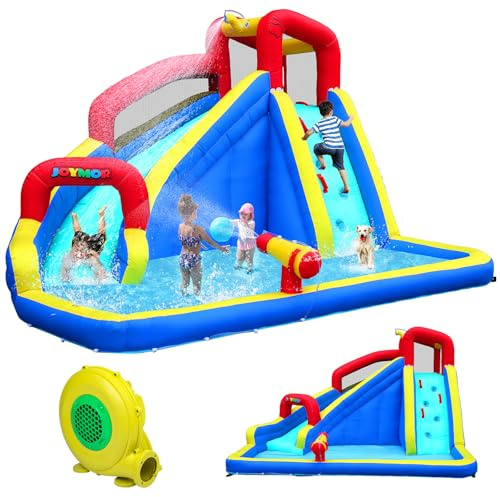 JOYMOR Inflatable Water Slide Park wtih Splash Pool, Climbing Wall, Water Cannon,Blow up Water Slides for Backyard Outdoor Fun Summer Water Plays for Party Birthday Gift (Blue & Red)