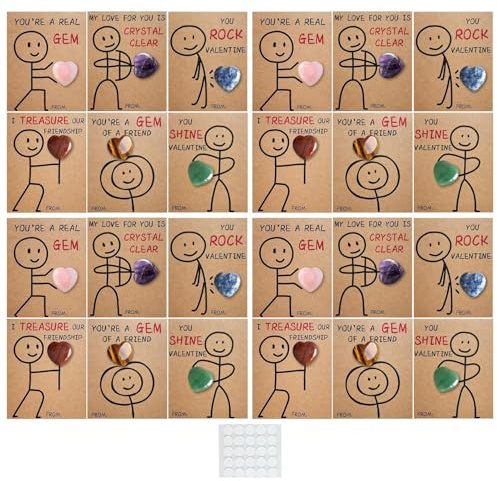 Tarjetas de corazón genéricas para San Valentín – Juego de intercambio de regalos con piedras preciosas de acrílico – 24 | Regalos de para niños y niñas con tarjetas de felicitación, pegamento