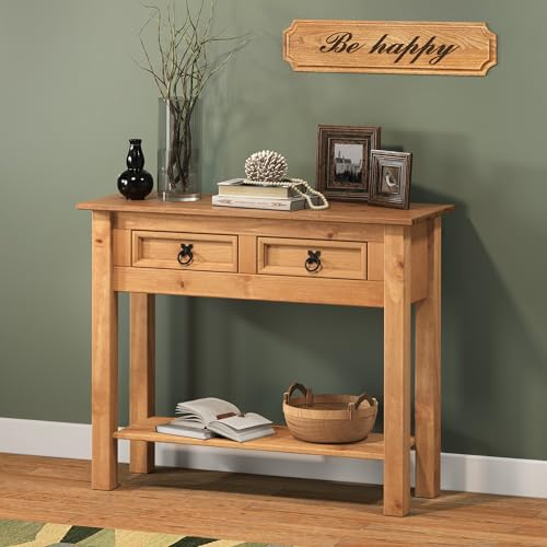 Corona Console Table 2 Drawer Solid Pine Hall Cabinet Wooden Mexican Wood Hallway Living Room Bedroom Lamp Stand 73cm High 87.5cm Wide 32cm Deep