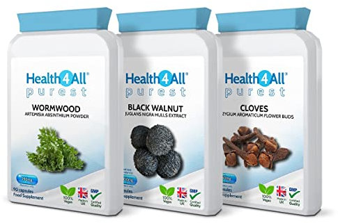 Health4All Wormwood, Black Walnut, Cloves Digestive Intestinal Detox Cleanse for Humans Set, 3x90 270 Capsules, 3 Step Gut Cleanse & Repair, Purest Vegan Intestinal Detox Supplement | Made in UK