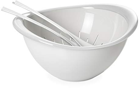 OMADA Design Insalatiera e Colapasta con Posate, Plastica Resistente, 26 cm di Diametro, Made in Italy, Lavabile in Lavastoviglie, Linea Trendy (Set bianco)
