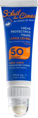 SOLEIL DES CIMES | Combi Crème Solaire Protectrice Visage + Stick Lèvre SPF50 - Ski, Sports d'Hiver et Montagne - Monoï de Tahiti et Karité - Protection et forte Hydratation