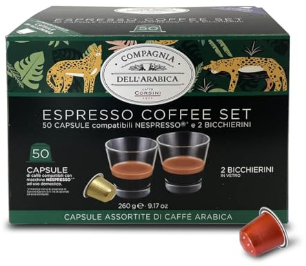 Caffè Corsini - 50 Capsules Compatibles Nespresso Mono-origine Assorties + 2 Tasses en Verre, Coffret Cadeau, Café 100% Arabica, 5 Boîtes de 10 Capsules