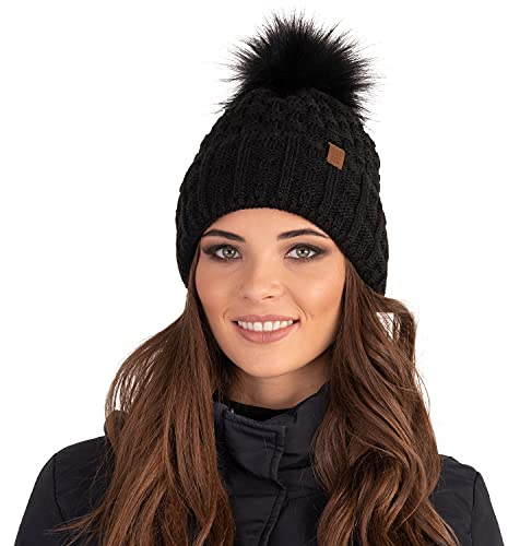 Vivisence Cappello Invernale da Donna con Pompon Realizzato in Filato Morbido E Caldo con Fodera Interna in Pile Antistatico vestibilità Comoda Ideale per l'inverno, Nero,Taglia Unica