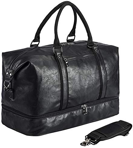 Travel Bag with Shoe Pouch,Weekender Overnight Bag Waterproof PU Leather Large Carry On Bag Travel Tote Duffel Bag for Men or Women,Black