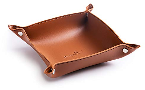 SANQIANWAN PU Leather Jewelry Valet Tray for Women and Men, Portable Entryway Table and Bedside Nightstand Desk Catchall Travel Dish Plate for Key, Wallet, Watch, Coin (Brown-B)