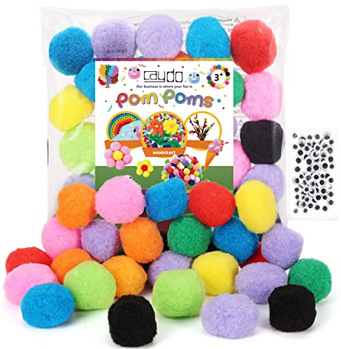 Caydo 5cm Large Pom Poms, 100 PCS Assorted Colors | Craft Pompom Balls with 100pcs Wiggle Eyes for DIY Crafts Projects and Home Decorations