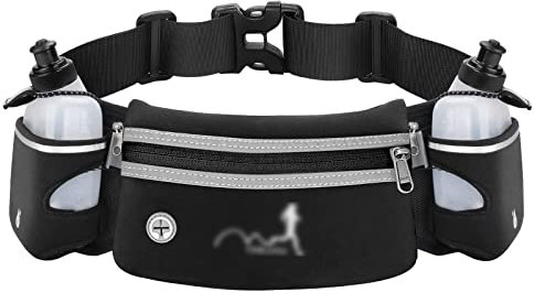 MYSUNBAR Trinkgürtel Laufen Hydration Band mit Wasser Flaschen (2 x 300 ml), Laufgürtel Gürteltasche Reflektierend Hüfttasche Bauchtasche Sport für Marathon Joggen Radfahren Campen Reisen Outdoor
