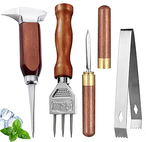 Ice Pick Set of 4 Stainless Steel Ice Chipper with Wood Handle, Japanese Style Ice Crusher Ice Tong Ideal for Bars, Bartender, Carving Tool