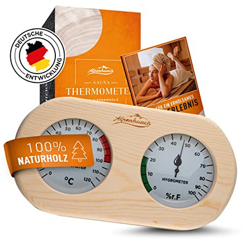 ALPENHAUCH Sauna Thermometer Hygrometer Holz [2in1 Funktion] - Besonders präzises Saunathermometer mit gehärtetem Glas - Automatische Kalibrierung - Edles Sauna Zubehör - Hygrometer Thermometer Sauna
