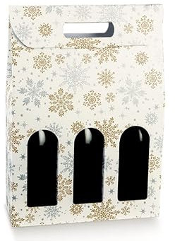 5 cajas para 3 botellas de vino blanco con copos de nieve de Burdeos, borgoña robustas extrañas navideñas de cartón acoplado y asa exterior de 27 x 9 x 38,5 h 3 cristal crystal
