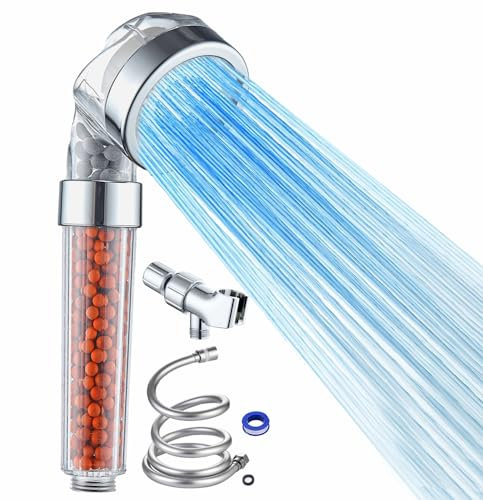 MineralStream Kit de cabezal de ducha iónico LED con cuentas de repuesto + pantalones + soporte de ducha + divisor de brazo | cabezal de ducha de mano de alta presión con luces LED para una