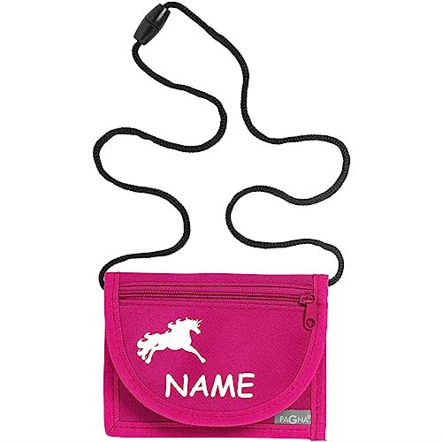 Kiwistar - Brustbeutel pink - Einhorn - 13 x 10 cm Geldbeutel zum umhängen - Geldbörse für Jungen & Mädchen mit Namen individuell personalisiert