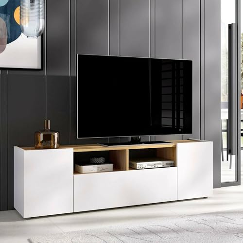 Dmora - Mobile porta TV Etna, Credenza bassa da soggiorno, Madia da salotto per televisione, 142x35h44 cm, Bianco e Rovere Nodi