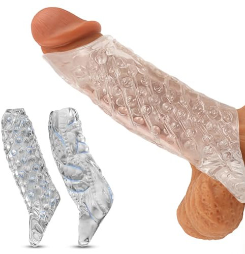 AMZII 2-er Penishülle Set,Penis Sleeve Dildo Penismanschetten mit Rutschfest Hodenringe Penisring Vorhaut Rückhaltung Eichelring,Cockring Penis Extender für Penisvergrößerung (D,Transparent)