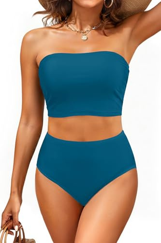 Tempt Me Women Teal Bandeau Bikini Set Strapless High Waisted Two Piece Swimsuit Longline Bathing Suits XL