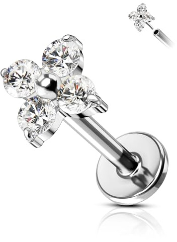 COCHARM G23 Titanium Tragus Piercing Jewelry Threadless 16g Flat Back Tragus Earring Stud Silver Flower Earring for Helix Piercing Push Pin Surgical Steel Cartilage Earring 6mm Helix Earring Stud