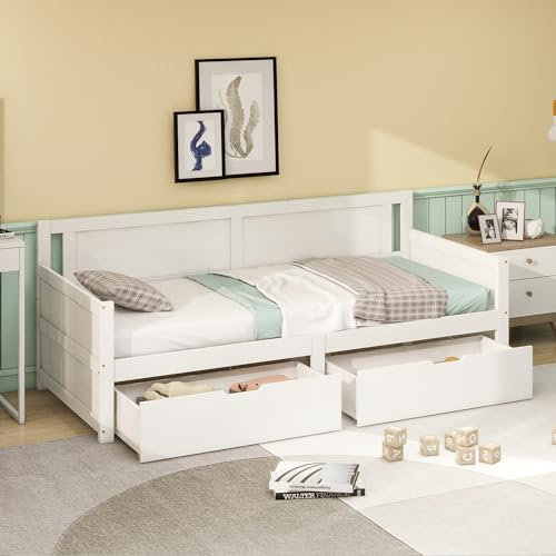 Aoskem Kinderbett Tagesbett Einzelbett 90x200 cm mit 2 Stauraum Schubladen, Holzbett Schlafsofa Daybed Bettgestell mit Lattenrost, Bettsofa Jugendbett Gästebett, Kiefer Rahmen, Ohne Matratze (Weiß)