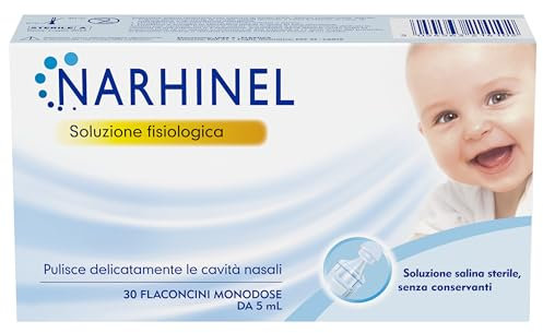 Narhinel Soluzione Fisiologica per Lavaggi Nasali, Soluzione Salina Isotonica, Detersione Delicata in Caso di Naso Chiuso, Pacco da 30 Flaconcini Monodose da 5 ml