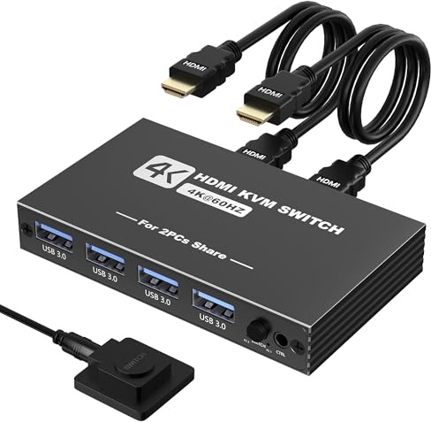 HDMI USB 3.0 KVM-omkopplare, 1 bildskärm, 2 datorer, 4K @ 60 Hz KVM-omkopplare, USB-omkopplare, KVM-omkopplare för 2 datorer som delar bildskärm, tangentbord, mus, skrivare, ingår 2