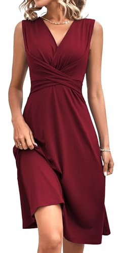 QUNERY Robe Femme Col en V Robes Manches Elégante A-Line Casual et Chic Dress Été Couleur Unie Mini Bordeaux M
