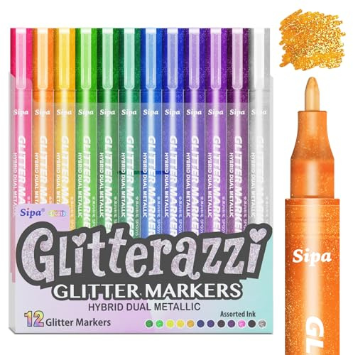 Sipa Glitter Pens, 12 Colours Glitter Markers with Dual Metallic Ink | Dual Metallic Ink Pens for Card Making, Scrapbooking, Crafts and DIY Artwork, Card Making, Fabric Art Gifts for Craft Lovers
