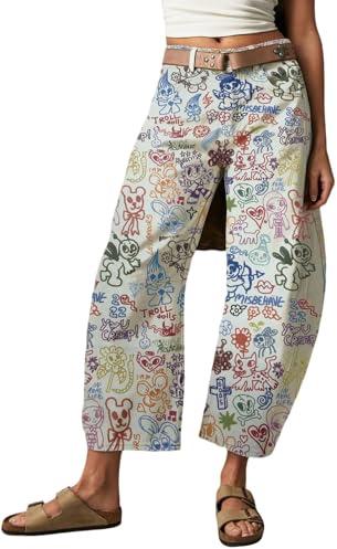 loveimgs Pantalones de mezclilla holgados para mujer, de tiro medio, estampados, pierna ancha, estilo Boyfriend Y2K, diseño de dibujos animados hippie 2025, Cartoon, Medium