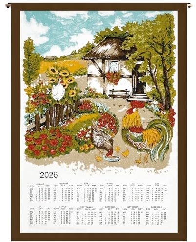 ggm Calendario in tessuto 2026 galline - 45 x 65 cm - calendario da parete in cotone - calendario annuale sostenibile - decorazione da parete decorativa - poster in tessuto per cucina o ufficio