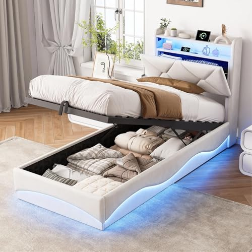 Letto imbottito 90x200 con Contenitore, Letto singolo con USB e LED, Letto matrimoniale, Funzionale con testiera imbottita spessa, Struttura letto con rete a doghe, Velluto (Beige, 90 x 200 cm)