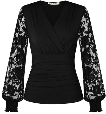 GRACE KARIN Camicetta da donna a maniche lunghe, elegante, con scollo a V, increspata, casual, vintage, camicetta da sera