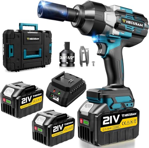 Llave de Impacto inalámbrica sin escobillas, Par máximo de 2100 N.m, 3/4llave de impacto con Batería de 2x6.0Ah, Cargador Rápido, Atornillador de impacto para coche y maquinaria pesada