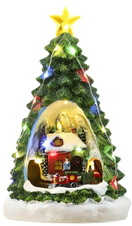 Ysislybin Pueblo de Navidad con Música y Luces, Caja de Música Navideña Giratoria y Luminosa Pueblo Navideño de Resina con Tren pequeño Decoración Navideña Casas con Movimiento