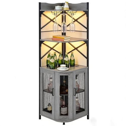 Warmiehomy Corner Wine Rack Cabinets with Power Socket and Led Lights, 5-Tiers Wine Bar Cabinet Industrial Vintage Drinks Cabinet for Dining Room, Living Room, Kitchen, Home Bar, Office, Grey