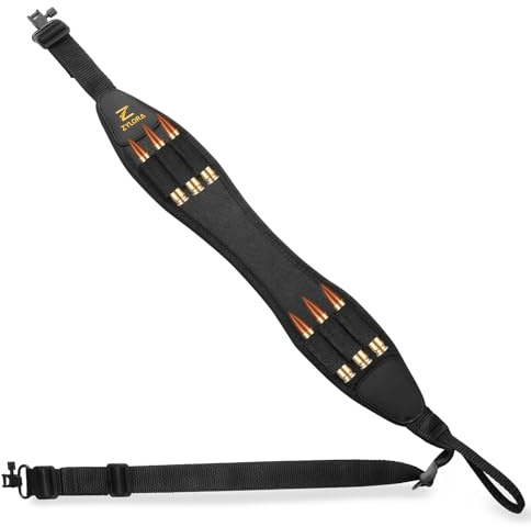 ZYLORA Rifle Sling with Shell Holders, Gun Sling with Swivels and Ammo Holder, Adjustable Rifle Sling with Thumb Loop, Rifle Accessories for Hunting and Shooting (Black, 6 Ammo Holder)