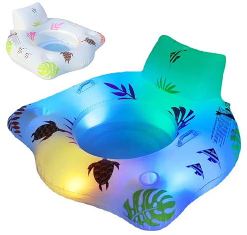 Colchón hinchable para piscina con luz LED, 120 x 120 cm, sillón de piscina para adultos con 2 soportes para bebidas, piscina inflable duradera, hamaca de agua, nadador nocturno para piscinas y jardín