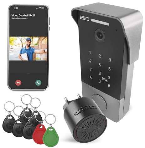 EMOS GoSmart Videoportero Inteligente con App - conexión Ethernet de 1 Cable - Resistente al Agua - Cámara Full HD de 2 MP - Incl. Cerradura con Teclado, Timbre, Fuente de alimentación, Chips RFID