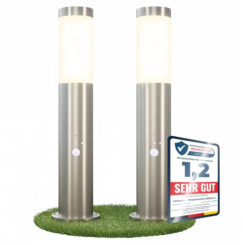 linovum BOSEA-B Standleuchte außen mit Bewegungsmelder, Dämmerungssensor & E27 Sockel - Edelstahl Pfostenleuchte 50cm IP44