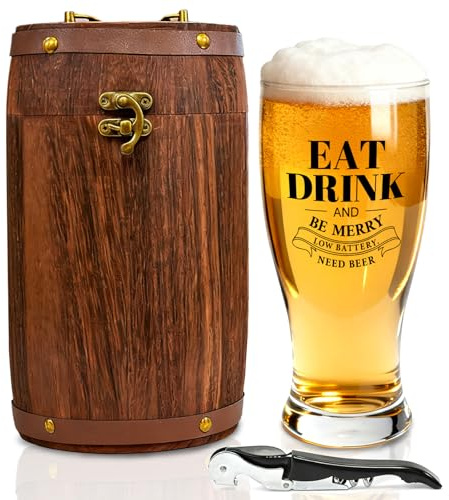 Beer Glass Gift Set Pint Glasses with Barrel Box Birthday Gift for Men