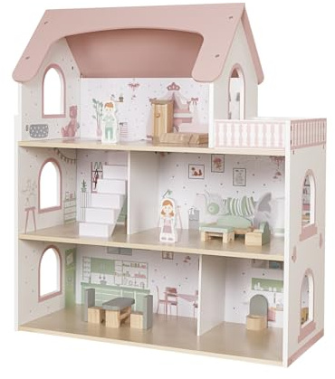 Grande casa delle bambole in legno rosa con accessori da 14 pezzi | Villa a 3 piani con mobili e figure | Casa delle bambole per bambini da 3 anni in su in MDF e legno di pino