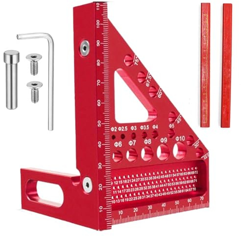 LCYEN 3D Speed Square, Carpenters Square, Set Square, 22.5-90° Angle Measurement Tool, Aluminum Alloy Woodworking Ruler with 2 Woodworking Pencils, Fixed pin, for Engineers and Carpenters (Red)
